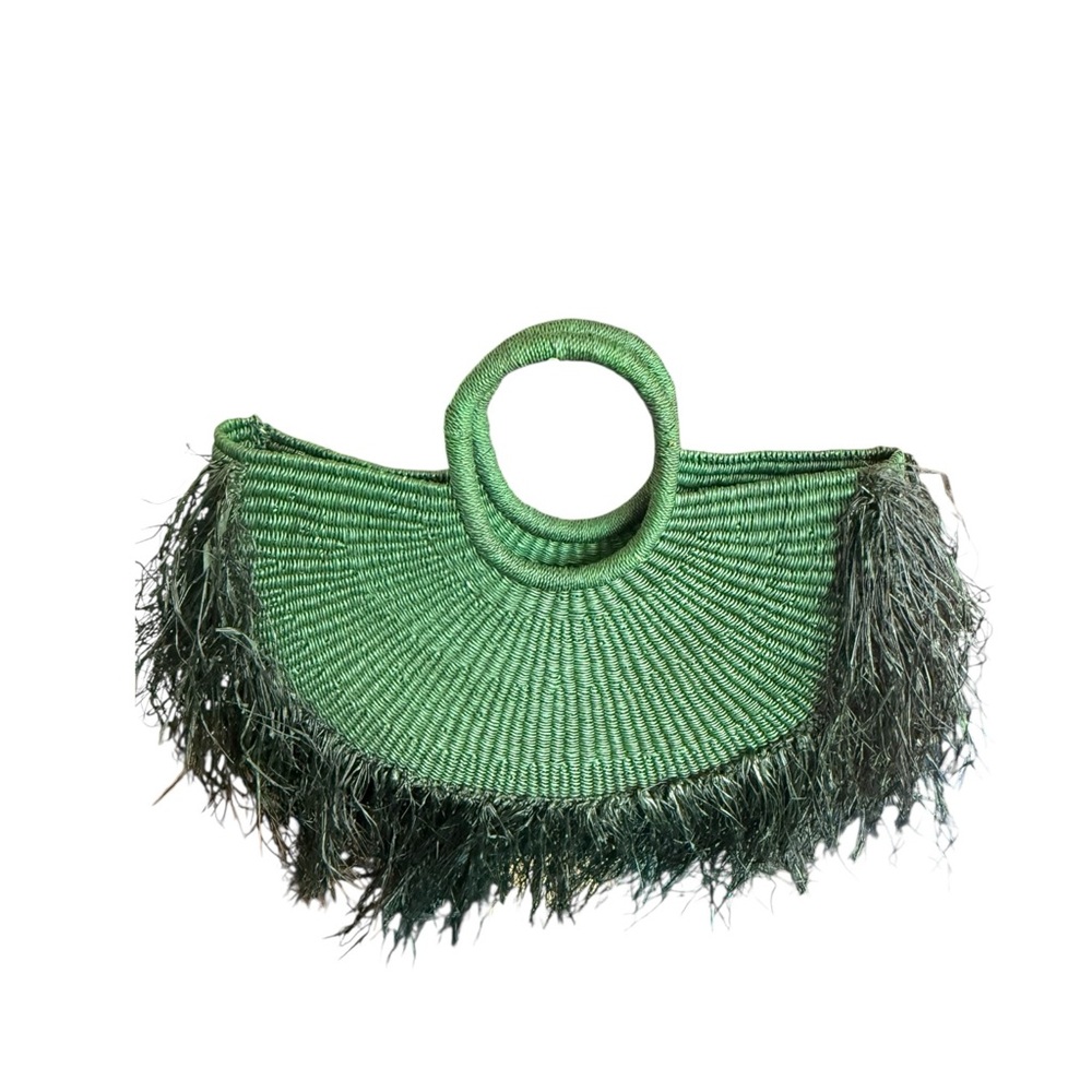 Raffia Handwoven Green Tote With Fringe | Summer Handbag | Straw Beach Tote